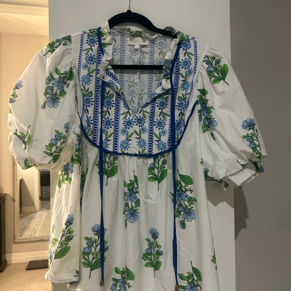 Entro White Blouse with Blue and Green Floral Design